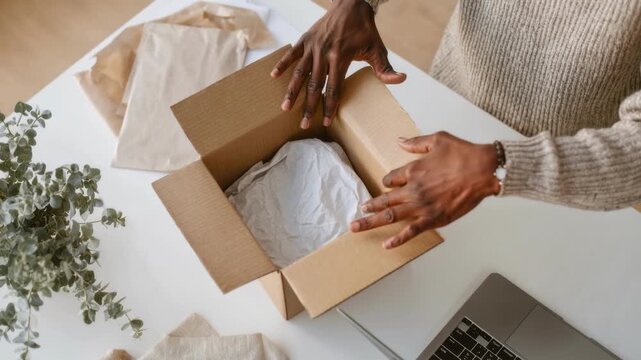 Black hands packing cardboard box on white tissue paper laptop nearby, cozy sweater sleeve, eucalyptus sprig, careful movement, small business owner preparing sustainable order for shipping, warm