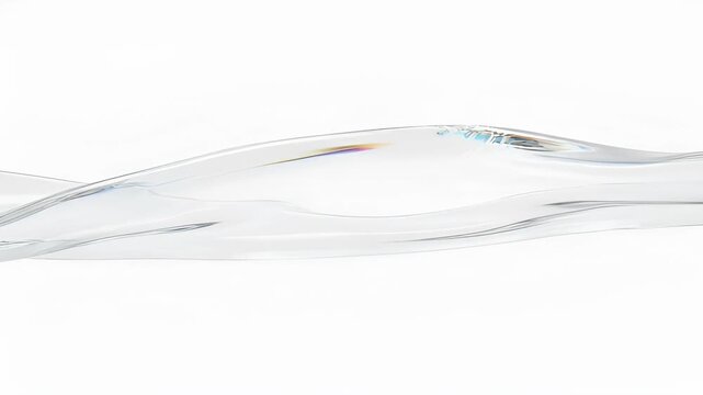 Clear flowing water ribbon with subtle light refraction and gentle curve creating calm abstract motion translucent liquid ribbon clear fluid wave flowing water motion minimal white background