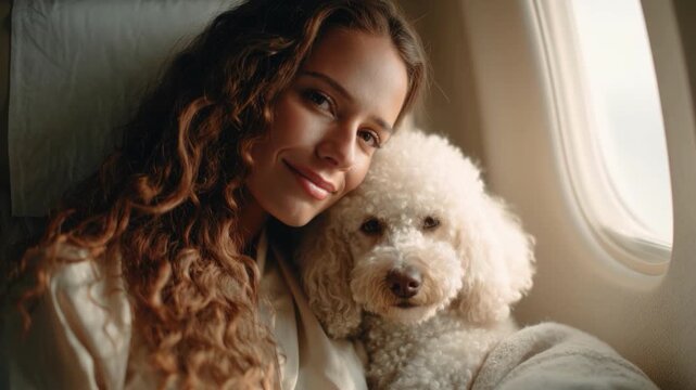 Caucasian woman cuddling poodle on plane, soft sunlight through window, curly hair resting against dog, cozy blanket, serene smile, pet owner enjoying flight comfort, premium cabin mood, close up