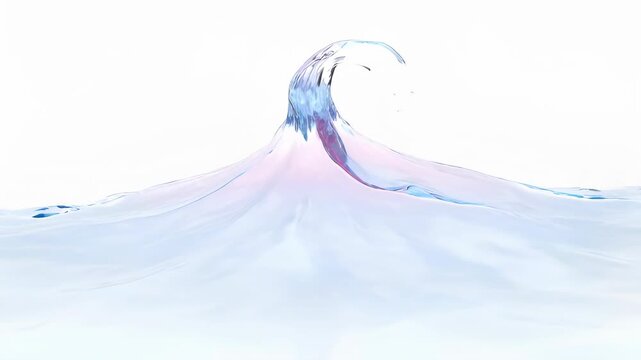 Soft blue water wave crest with translucent splash and gentle light reflection conveying calm and freshness delicate water splash shaped like small mountain peak with soft pink and blue tones minimal