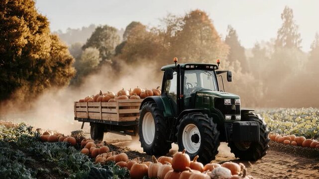 Tractor hauling pumpkins across misty field at sunrise, farmer driving green tractor pulling wooden trailer piled with bright orange pumpkins, dust rising in golden hour light, rows of crops