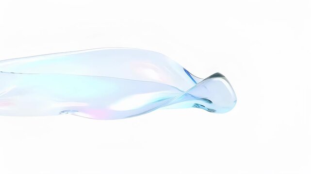 Translucent liquid ribbon flowing across white background with soft blue and pink highlights minimal abstract composition conveying calm and fluid motion delicate translucent blue ribbon of silk