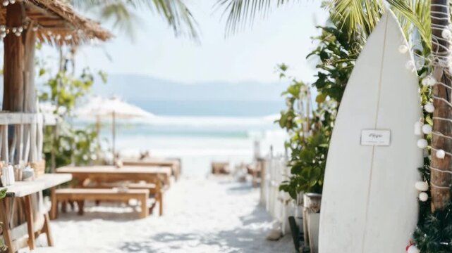 Sunlit beach pathway with surfboard, rustic cabana seating, palm fronds, soft sand, distant azure ocean and calm waves beachside bar setup ideal for surf lessons, sunset dinners and slow travel