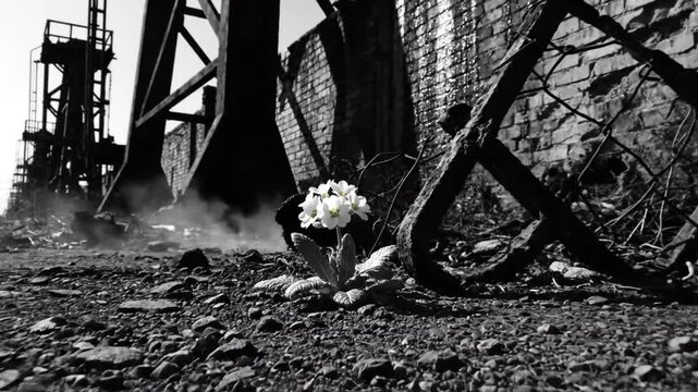 Small white primroses bloom against the backdrop of an industrial ruin, symbolizing hope and resilience