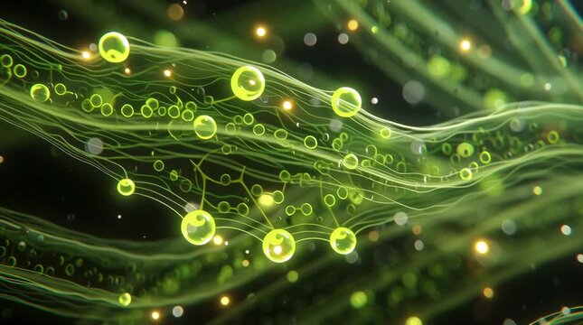 3D cellular animation chloroplasts performing photosynthesis, electrons moving along thylakoid membranes, ATP synthase rotation, sunlight scattering green membranes, glowing energy transfer, cinematic