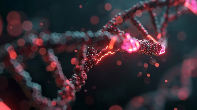 Cinematic 3D animation CRISPR-Cas9 gene editing, glowing molecular scissors cutting DNA helix, precise molecular interactions, dynamic visualization nucleotide changes, vibrant neon highlights