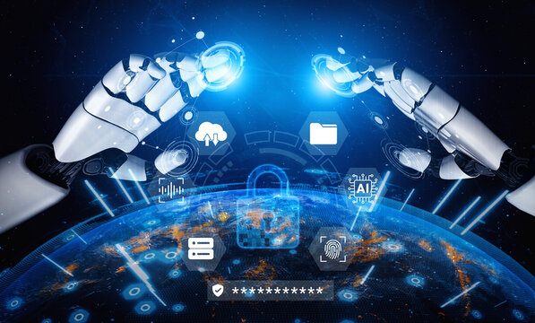 A pair of futuristic robot hands reaches out amidst glowing digital icons symbolizing data security, artificial intelligence, and global connectivity in a vibrant high-tech setting. Ledger