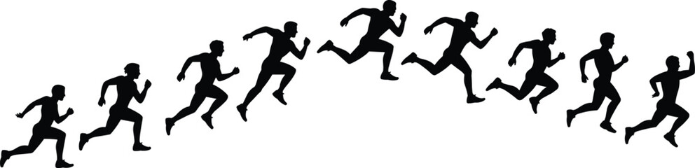 Fototapeta premium Silhouette sequence of runner in motion arc, illustrating sprint biomechanics from crouch to stride for sports science, animation, and training design