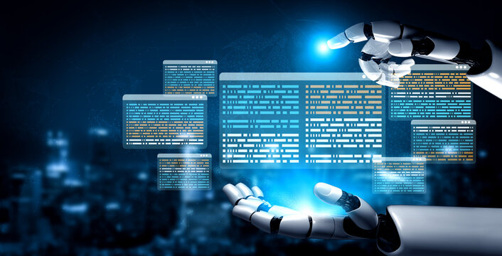 A pair of futuristic robotic hands interact with glowing digital data interfaces, symbolizing advanced technology and innovation in a modern landscape. Ledger