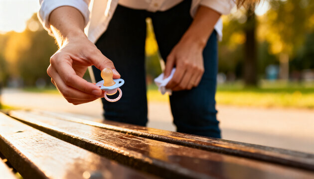 Bending white-shirt jeans-clad woman reaching park bench at golden hour holding pacifier and cloth