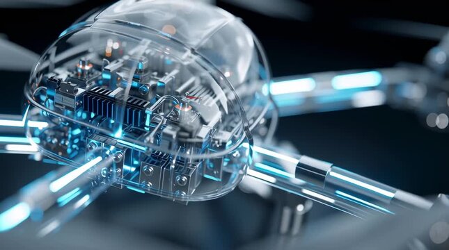 3D rotating semi-transparent drone prototype, internal mechanical components circuitry visible, precise engineering details, animated gear movements, glowing energy lines, futuristic industrial design
