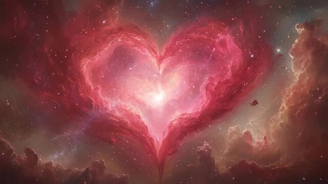 A luminous heart-shaped nebula glows amidst a starry cosmos, swirling reds and pinks with faint stars