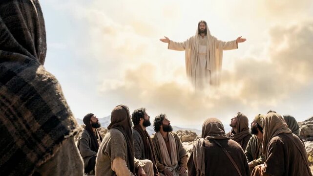 Jesus ascending into heaven with disciples watching in awe. Religious scene representing the ascension of Christ. Biblical narrative of faith and divine miracle.