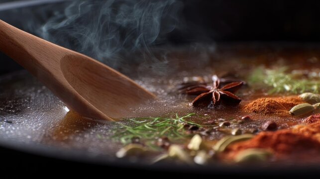 Close-up of a frying pan with a wooden spoon in it. the pan is filled with various spices and herbs, including anise star, cumin seeds, and rosemary sprigs.