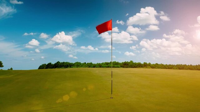 Red flag in a golf course during sunset