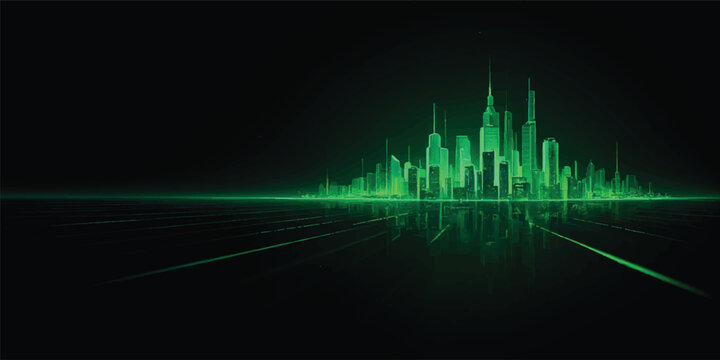 Digital technology illustration featuring a blue and green pulse waveform over an abstract dark city background with medical ECG frequency lines and audio equalizer graphs