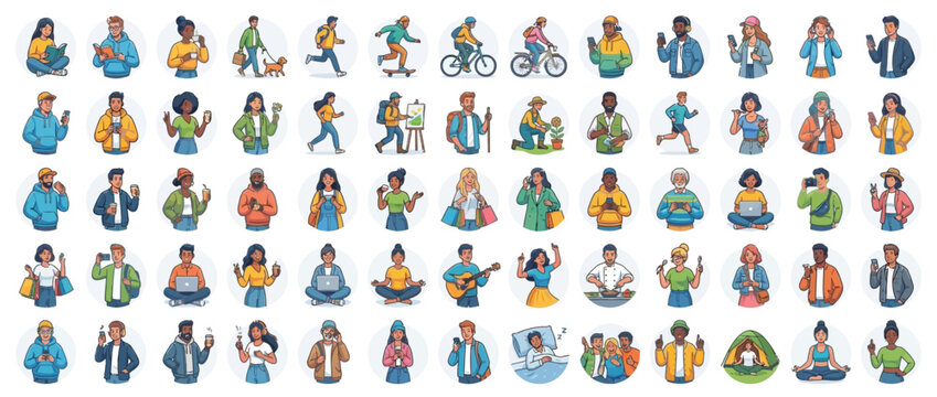 Diverse people illustrations in various activities.