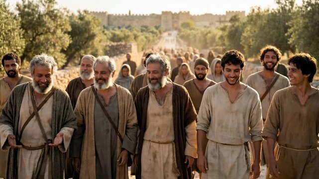 Jesus with his disciples walking along a dusty path toward Jerusalem. Biblical scene representing the ministry and teaching of Christ in the ancient holy land.