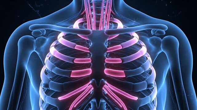 Anatomical illustration of the human rib cage and sternum in a blue translucent body.