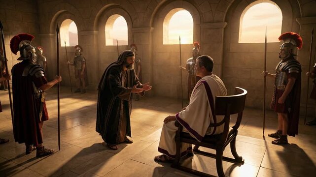 Jewish man talking to Roman governor in palace. Biblical scene with soldier guarding judge. Historical event of Jesus trial before Pilate in ancient hall interior.