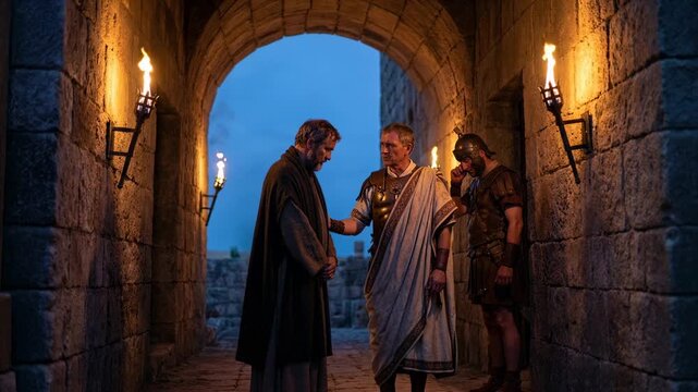 Roman official interrogates prisoner in stone temple corridor by torchlight. Biblical scene featuring soldier guarding disciple during arrest for faith concept.