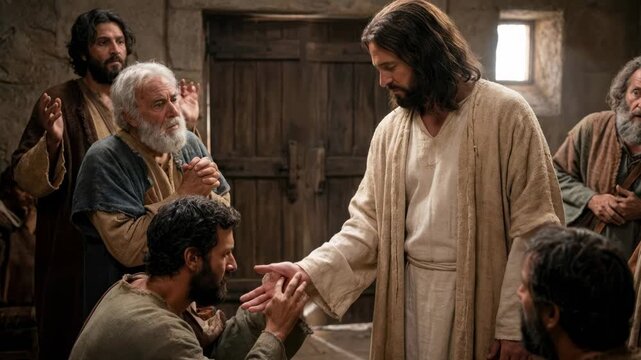 Jesus healing or blessing a disciple. Biblical scene depicting a man kneeling before a teacher. Christianity narrative event of mercy, faith and divine grace.