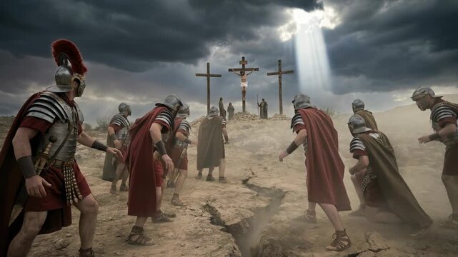 Roman soldiers reacting to earthquake at Calvary during the crucifixion of Jesus Christ. Dramatic biblical scene with divine light and ground splitting apart.