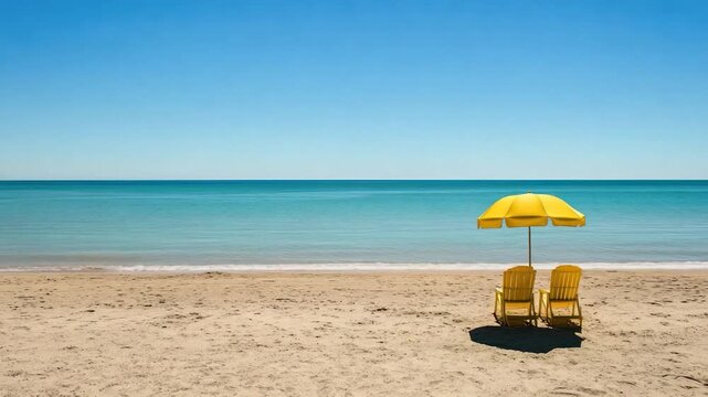 A sunny beach scene with yellow chairs, parasol, sand, and ocean under a cloudless blue sky