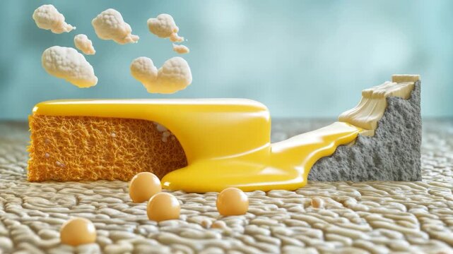 A surreal digital art piece featuring a sponge, gooey yellow liquid, and abstract cloud-like forms