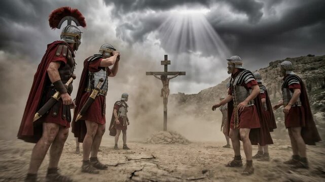 Roman soldiers standing before Jesus on the cross during crucifixion. Biblical scene depicting soldiers witnessing divine light and historical religious events.