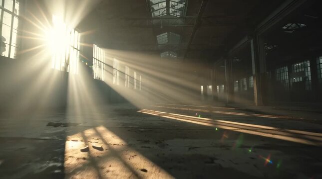 Wide-angle, slowly moving cinematic shot fog-covered abandoned factory, broken windows, rusted machinery, cracked concrete floors, shafts diffused sunlight piercing fog, dramatic volumetric lighting