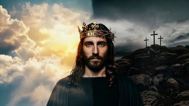 Man with crown and thorn circlet shows duality of light and shadow. Jesus symbol with golden diadem against background of mountain with crosses for faith concept.