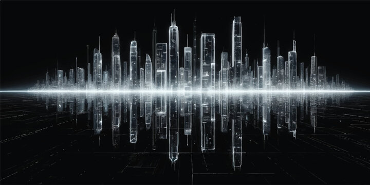 An abstract blue digital background featuring wave lines that blend technology and music elements into a stylized night city skyline equalizer illustration