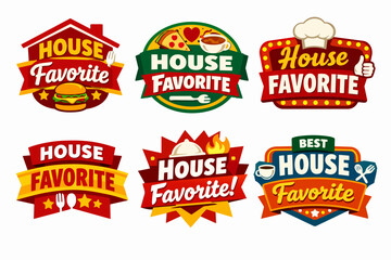 Obraz premium House favorite food badges set with restaurant, cafe, burger, pizza, chef hat, hot meal icons