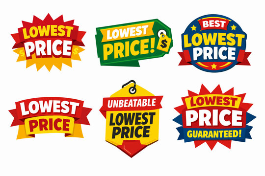 Collection of lowest price badges, stickers, and labels, featuring unbeatable and guaranteed slogans for marketing