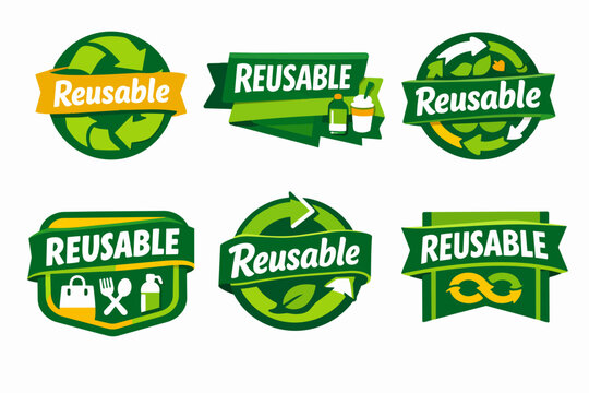 Reusable products and items labels collection. Green recycling and zero waste lifestyle concept badges