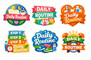 Naklejka premium Daily routine stickers set for health and wellness, showcasing habits and activities for balanced lifestyle