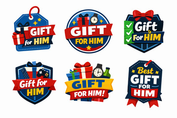 Naklejka premium Gift for him badges and labels set with presents, watches, ties, gamepads, and bows for holiday shopping
