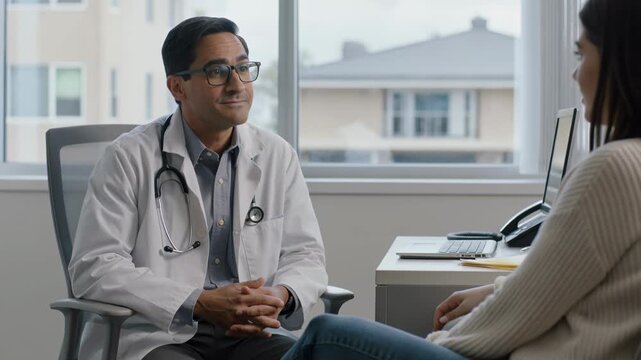 Doctor talking during consultation with female patient inside hospital - Medical, people and healthcare concept - Models by AI generative