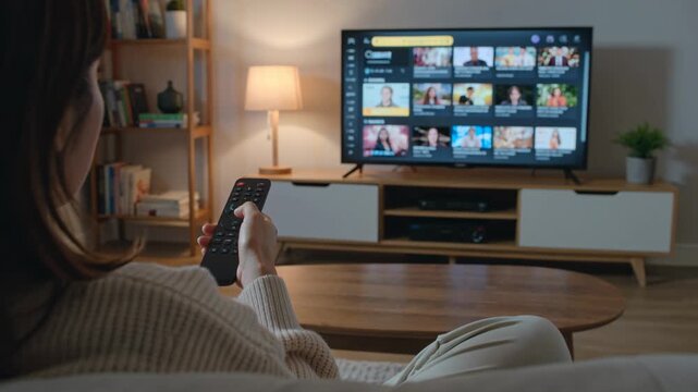 Woman watching television at home - Lifestyle, series and film concept - Model by AI generative