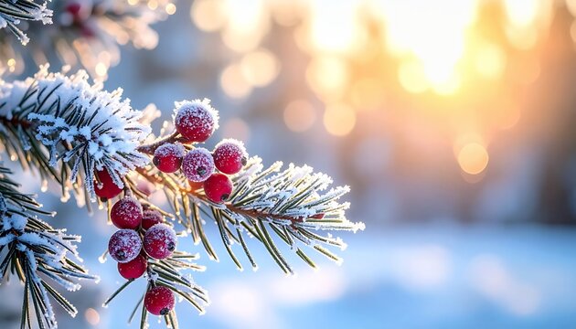 Winter wonderland scene with frosted pine branch and red berries at sunrise.