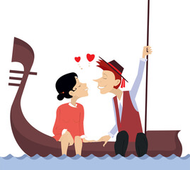 Kissing young gondolier and his girlfriend sitting in gondola © bigmen