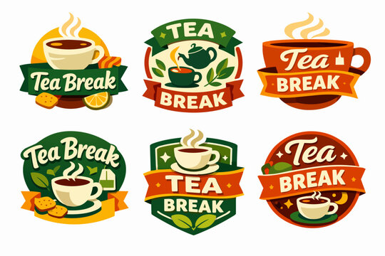 Set of vector tea break badges and emblems featuring mugs, teapots, leaves, and cookies, ideal for cafes and branding