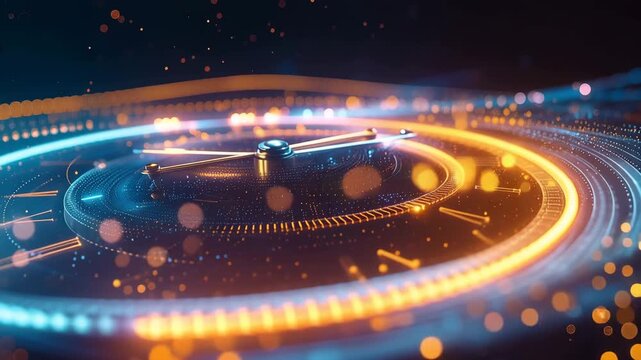 Timeless Elegance: A meticulously crafted clock face with its hands frozen in a moment of perpetual motion, surrounded by the dance of light and shadow, illustrating the passage of time.