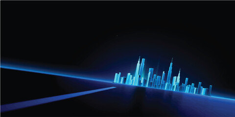Naklejka premium An abstract blue digital background featuring a music equalizer and financial growth bar chart vector over a technology city skyline design symbolizing business market success