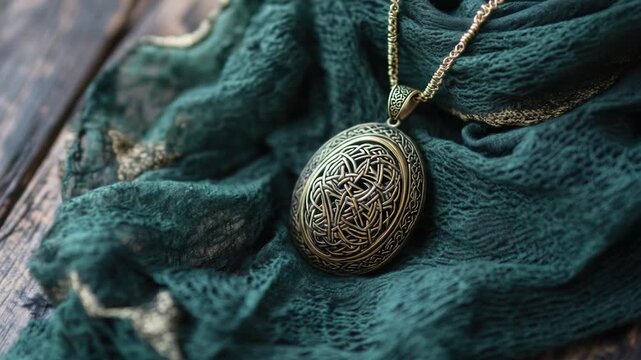 An ornate oval pendant with a Celtic design lays on textured teal fabric, wood background