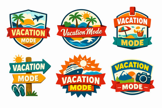 Collection of vacation mode badges and emblems. Illustrating summer travel, beach relaxation, cruise trips, and mountain expeditions