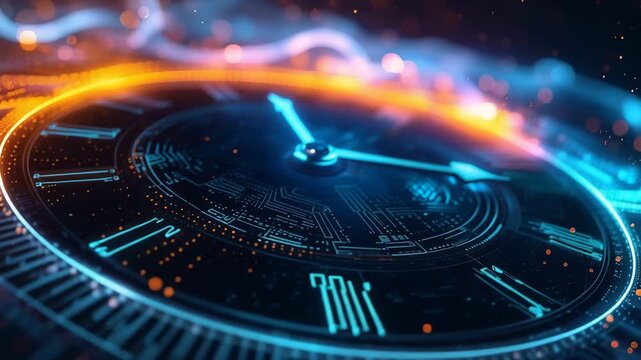 Time's Digital Echo: A mesmerizing digital clock face glows with futuristic circuits, the hands marking the passage of moments with precision.