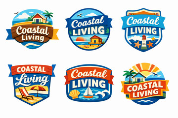 Obraz premium Coastal living badges illustrating beach houses, lighthouses, sailboats, and summer vacation concepts