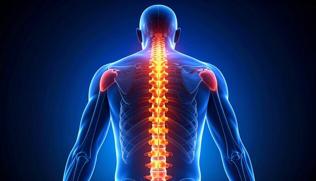 A digital medical illustration of a human figure viewed from the back, emphasizing the cervical spine and upper spinal region. The spine is highlighted in glowing red and orange tones to symbolize pai